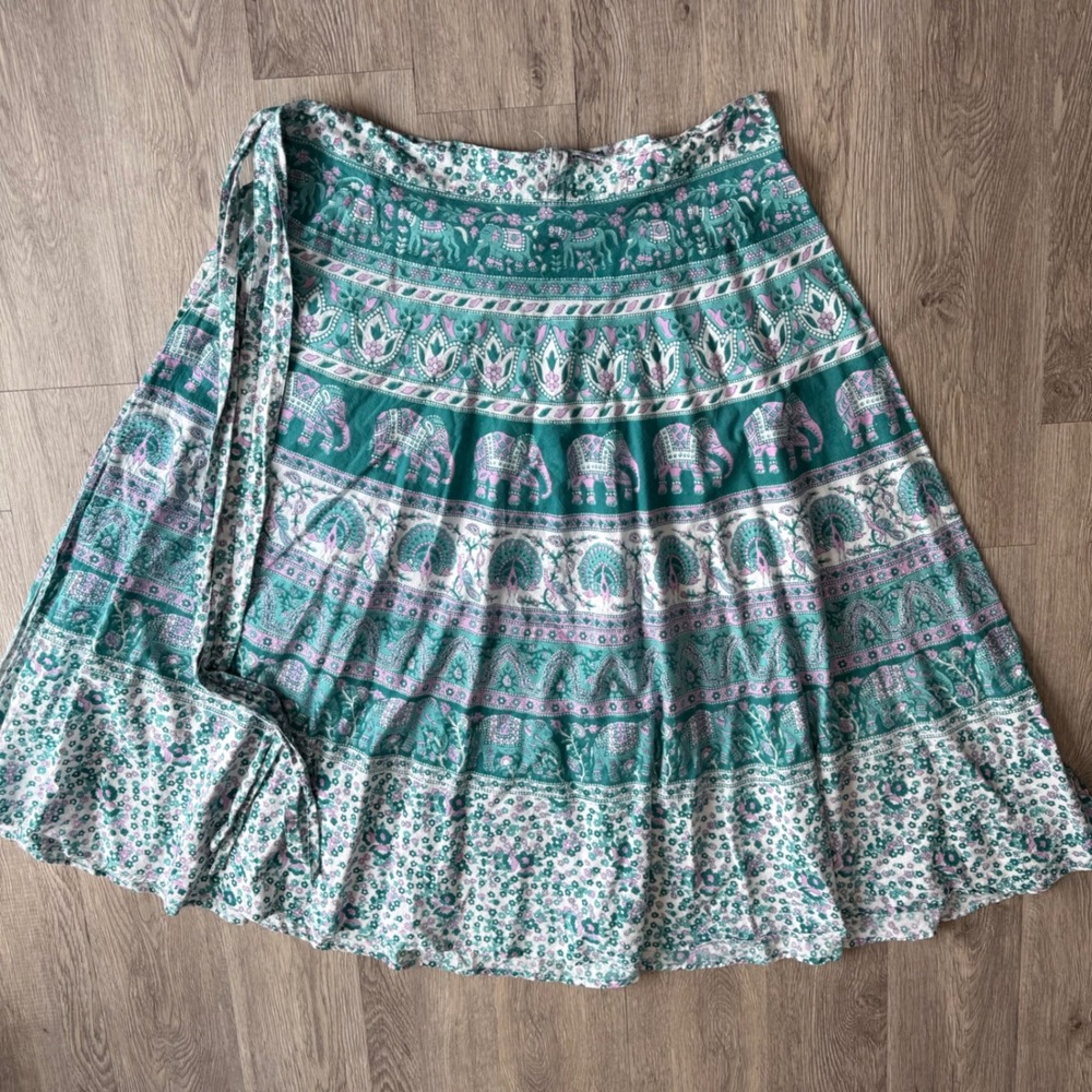 Funky People Teal Elephant Print Cotton Wrap Skirt Boho Hippie Free Size India